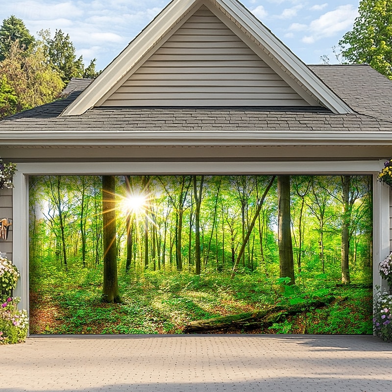 Landscape Forest Trees Door Decorations Garage Door Cover Outdoor Banner Large Backdrop for Holiday Outdoor Garage Door Home Wall Decorations