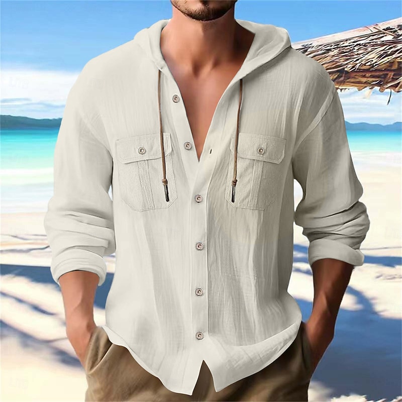 Men's Shirt Linen Shirt Summer Shirt Beach Shirt Plain Vacation Casual Black White Navy Blue Blue Long Sleeve Band Collar Spring & Summer Clothing Apparel2