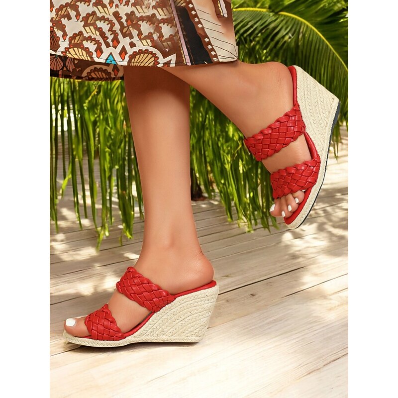 Red Woven Slide Sandals for Women – Stylish Wedge Heel, Summer Beach & Casual Outdoor Footwear3