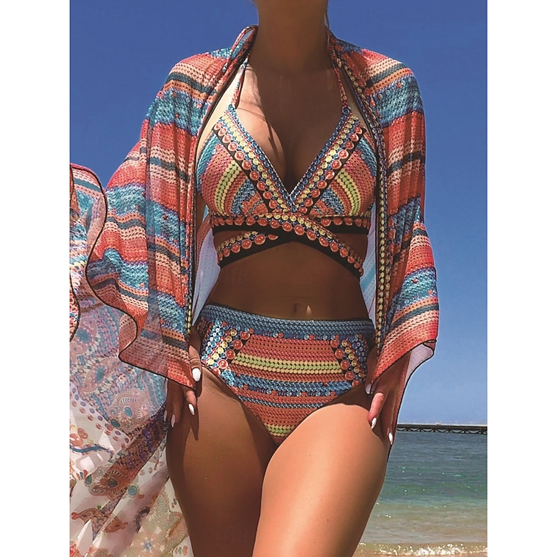 Women's Swimwear Bikini Three Piece Briefs Swimsuit Backless Slim Vacation Beach Wear Geometric V Neck Sleeveless Bathing Suits
