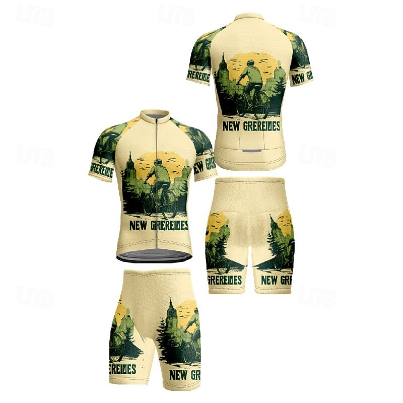 Men's Cycling Jersey with Shorts Graphic Short Sleeve Bike Clothing Suit with 3 Rear Pockets Mountain Bike MTB Road Bike Cycling Front Zipper Sweat wicking Comfortable Breathable Sports Green