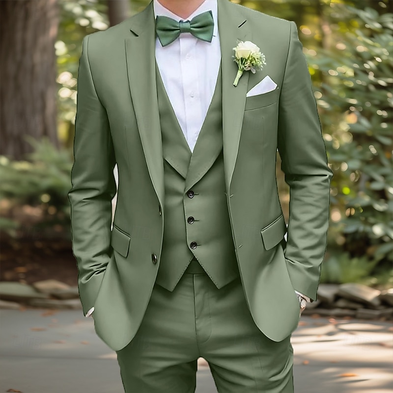 Men's Wedding Business Suits Sage Dark Green Fashion Party Solid Colored Standard Fit 3 Piece Single Breasted Two-buttons