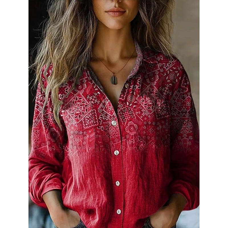 Women's Shirt Button Down Tunic Shirt Collar Long Sleeve Graphic Casual Regular Tops Work Daily s Print Red Blue Green Khaki Spring Fall Winter