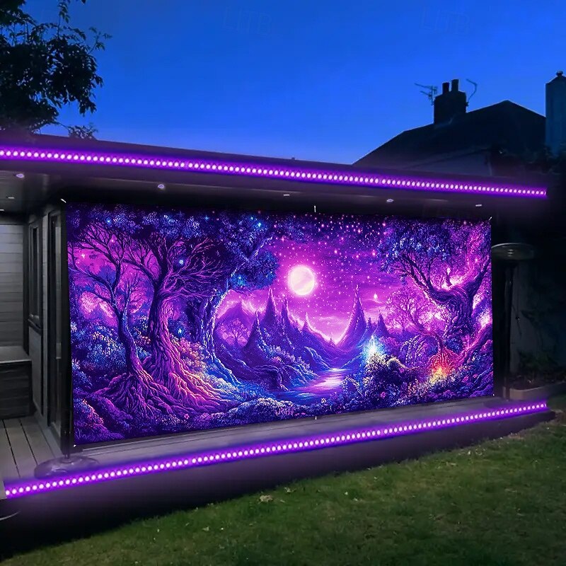 Blacklight Door Decorations Garage Door Cover Glow in the Dark Mountain Trippy Misty Outdoor Banner Large Backdrop for Party Outdoor Garage Door Home Wall Decorations