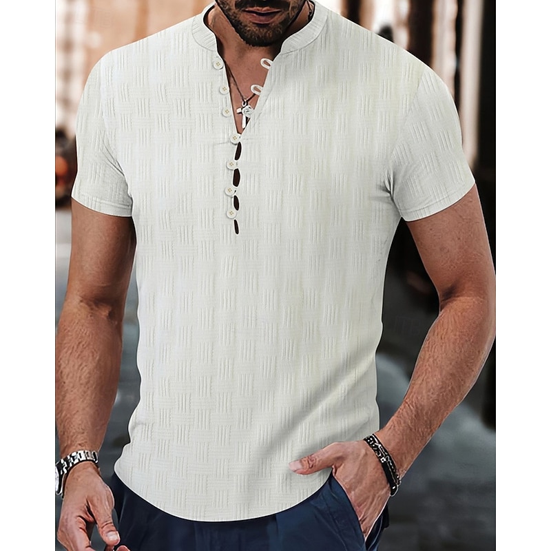 Men's Shirt Popover Shirt Summer Shirt Casual Shirt Beach Shirt Black White Pink Blue Beige Short Sleeve Plain Band Collar Vacation Hawaiian Jacquard Clothing Apparel Fashion Casual Comfortable2