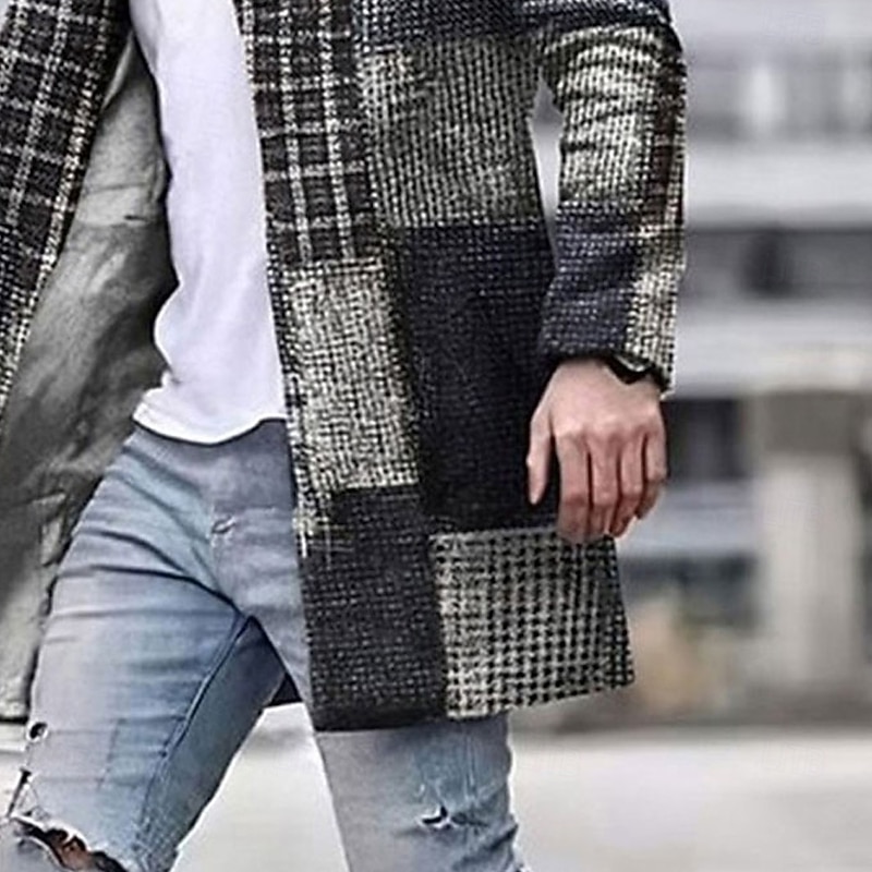 Men's Plaid Geometry Winter Coat Overcoat Coat Warm Comfortable Breathable Business Casual Work Wear to work Going out Pocket Print Fall & Winter Stand Collar Long Sleeve Yellow Blue4