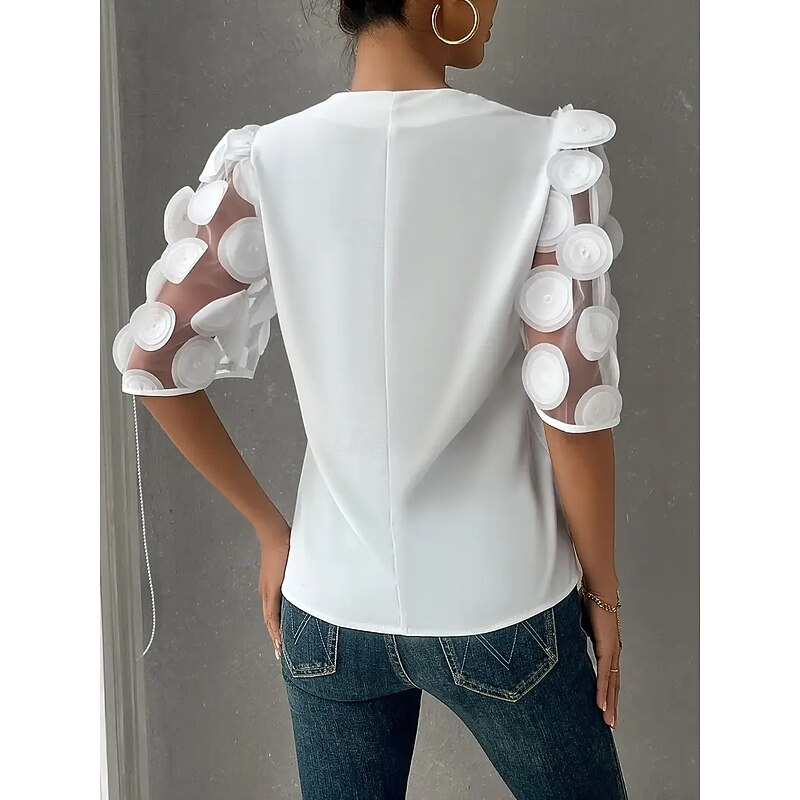 Blouse Women's Black White Solid / Plain Color Lace Daily Elegant V Neck Regular Fit S2