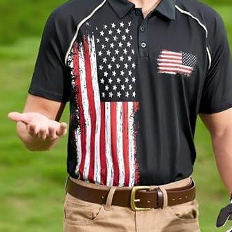 Men's American US Flag Polo Short Sleeve Polo Shirts Collared Shirts Casual School Outdoor Daily Wear Home Wear 3D Print Summer Black2