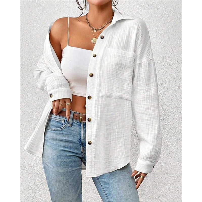 Women's Shirt Linen-Inspired Shirts Button Up Plain Daily Stylish Basic Long Sleeve Batwing Sleeve Shirt Collar Regular Tops Work Daily Holiday Buttons Pocket White Yellow Blue Spring Fall4