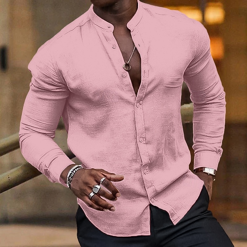 Men's Shirt Summer Shirt Beach Wear Band Collar Shirt Button Up Shirt Plain Vacation Hawaiian Black White Light Green Pink Long Sleeve Crew Neck Spring & Summer Clothing Apparel Basic4