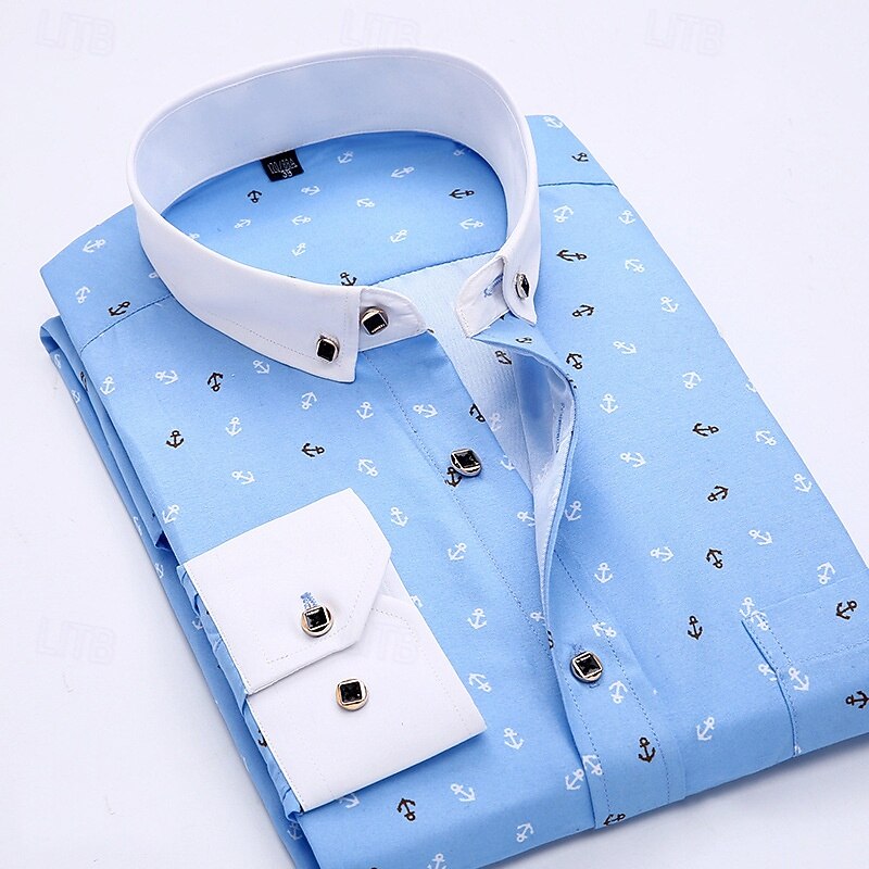 Men's Shirt Dress Shirt Button Up Shirt Anchor Wedding Party White Light Green Pink Navy Blue Long Sleeve Lapel Spring Fall Clothing Apparel Pocket2