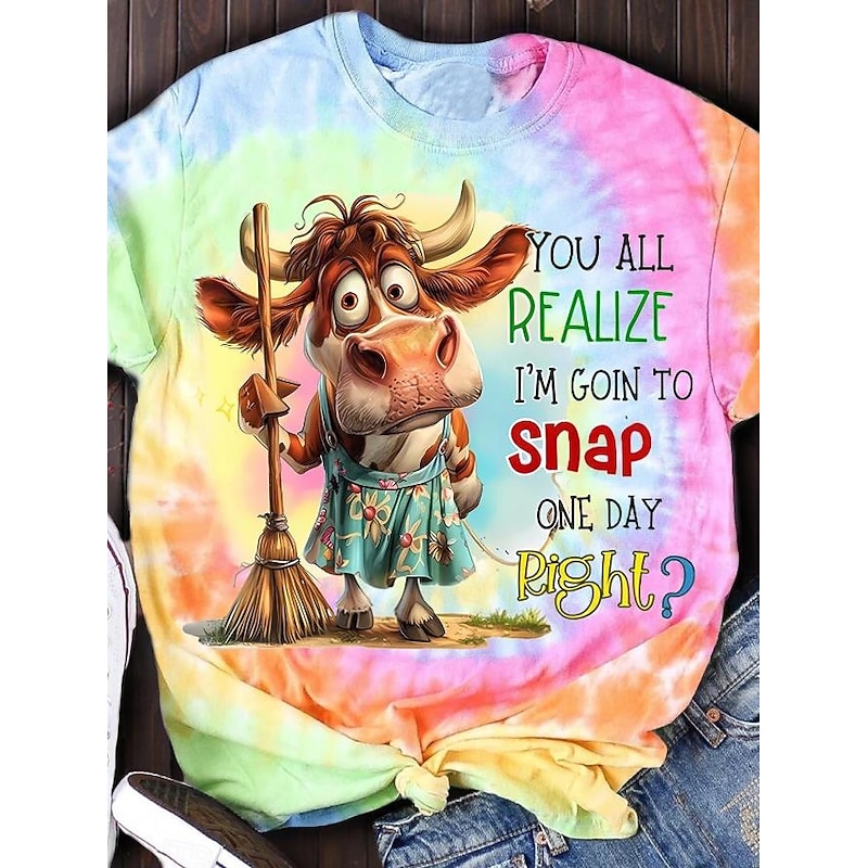 Women's T Shirt Tie Dye Letter Casual Short Sleeve Round Neck Regular Tops Daily Print Pink Red Blue Purple Rainbow Summer4