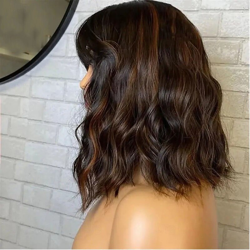 Remy Human Hair 5x5 Closure 13x4 Lace Front Wig With Bangs Brazilian Hair Natural Wave Brown Multi-color Wig 130% 150% Density with Baby Hair Highlighted / Balayage Hair Glueless For Women Long Human3