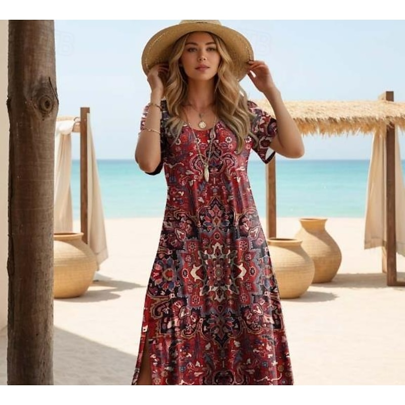 Women's Maxi Dress Casual Dress Casual Daily Loose Fit Geometric Short Sleeve Crew Neck Maroon Summer2
