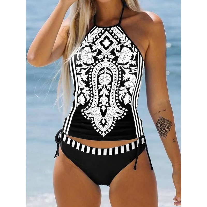 Women's Swimsuits Tankini 2 Piece Cheeky Swimsuit Backless Vacation Beach Wear Paisley Halter Neck Sleeveless Bathing Suits