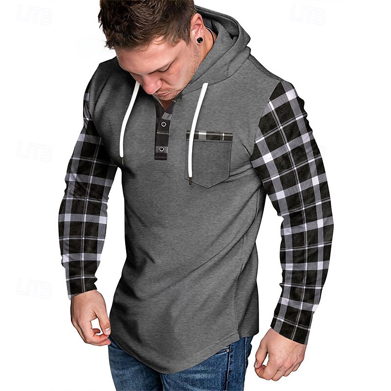Men's Hoodie Black Army Green Navy Blue Khaki Light Grey Hooded Plaid Color Block Pocket Sports & Outdoor Daily Holiday Polyester Streetwear Basic Casual Spring &  Fall Clothing Apparel Hoodies4