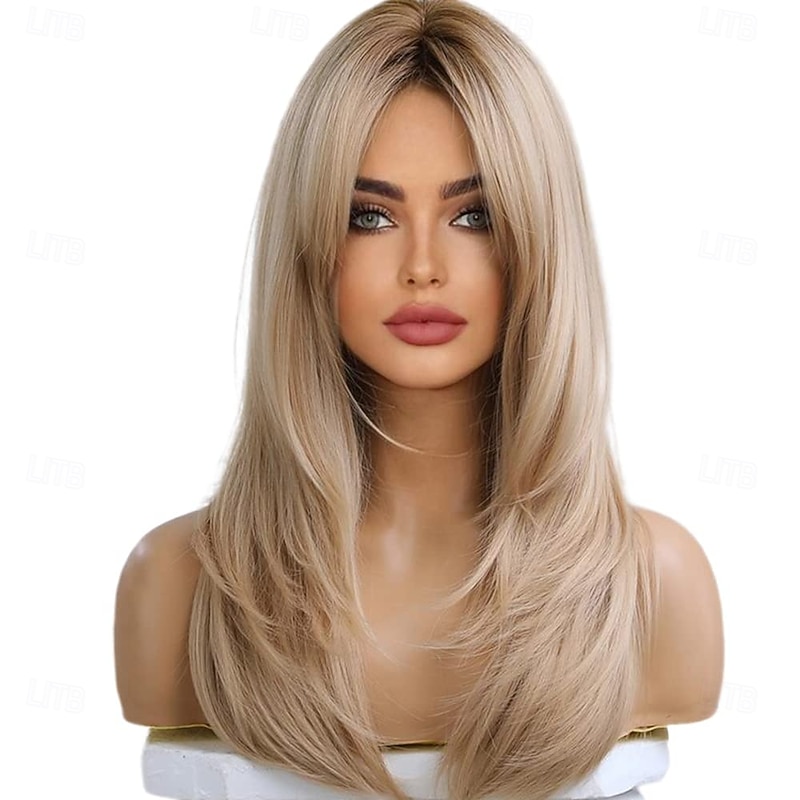 Long Blonde Wig for Women Layered Synthetic Heat Resistant Straight Hair Wig with Dark Roots Natural Realistic Wig for Daily Party3