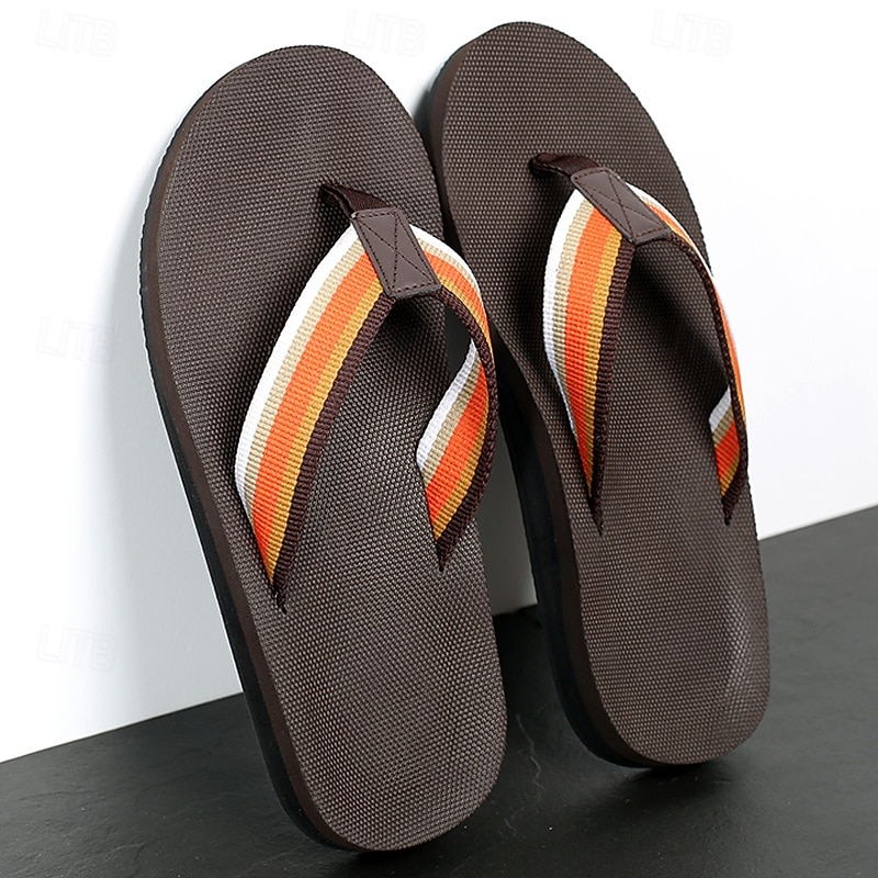 Men's Brown Flip Flops with Multi-Color Striped Strap, Casual Style for Beach and Summer Wear2