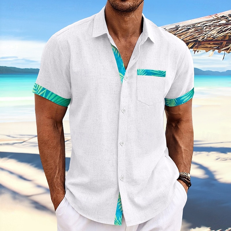 Men's Shirt Linen Shirt Summer Shirt Beach Wear Summer Hawaiian Shirt Button Up Shirt Solid Color Vacation Hawaiian White Blue Green Short Sleeve Collar Spring & Summer Clothing Apparel3