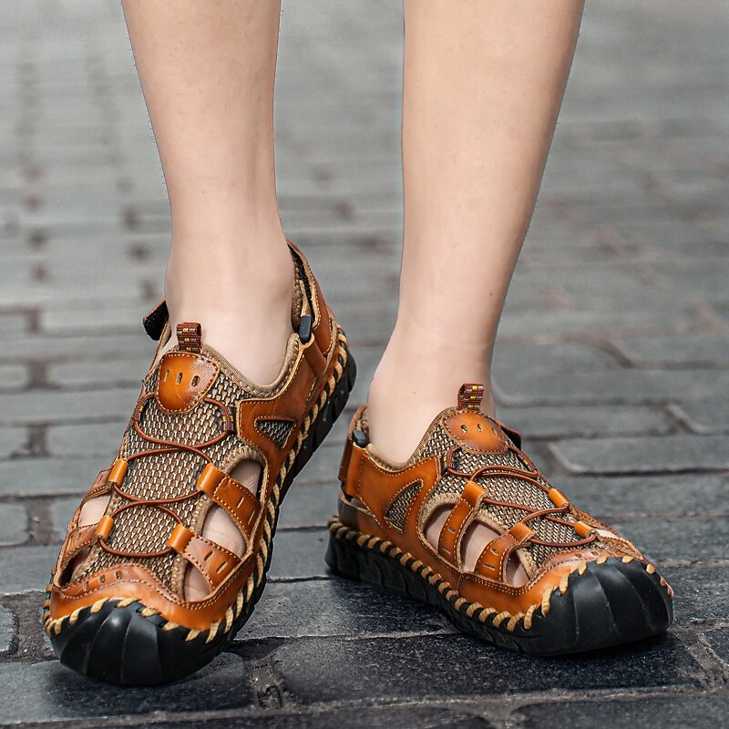 Men's Sandals Handmade Shoes Split Leather Breathable Comfortable Slip Resistant Lace-up Yellow-Brown Black Brown4