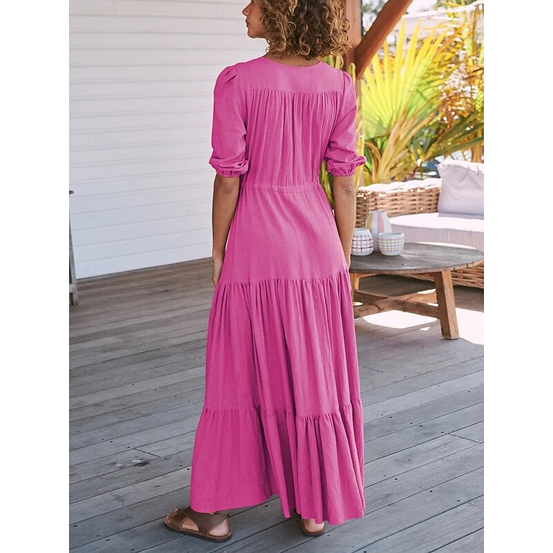 Women's Maxi Dress Casual Dress Swing Dress A Line Dress Casual Vacation Daily Regular Fit Plain Short Sleeve V Neck Black Navy Blue Fuchsia Green Summer2