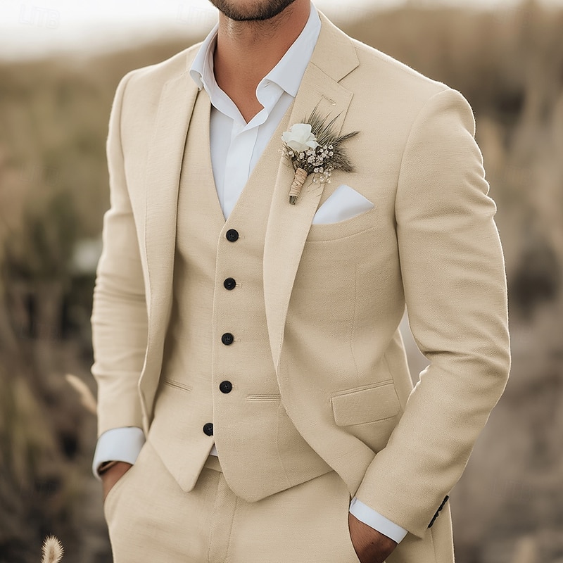 Men's Beach Wedding Linen Suits White Sky Blue Fashion Formal Solid Colored Tailored Fit 3 Piece Single Breasted Two-buttons2