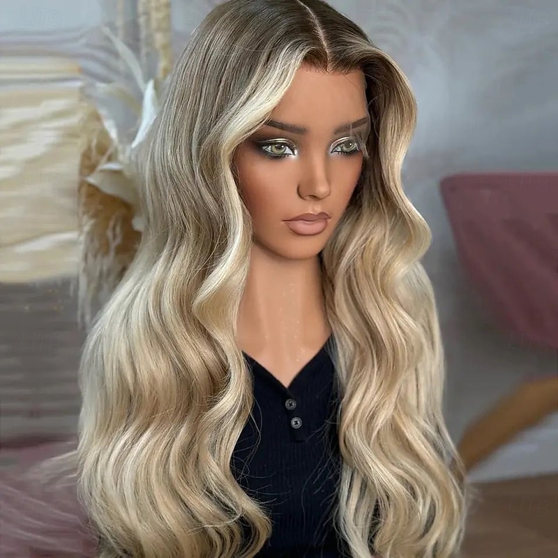 Brazilian Remy Hair Ash Blonde Highlight Ombre Glueless 5x5 Lace Closure Wigs Body Wave Lace Front Wig Natural Hairline Pre-Plucked For Women4