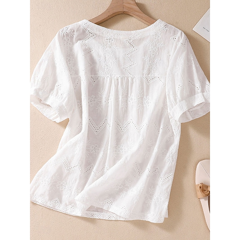 Women's Blouse Cotton Linen Shirts Solid Color Stylish Casual Short Sleeve Crew Neck Regular Tops Daily Holiday Going out Hollow Out White Orange Green Summer Spring4