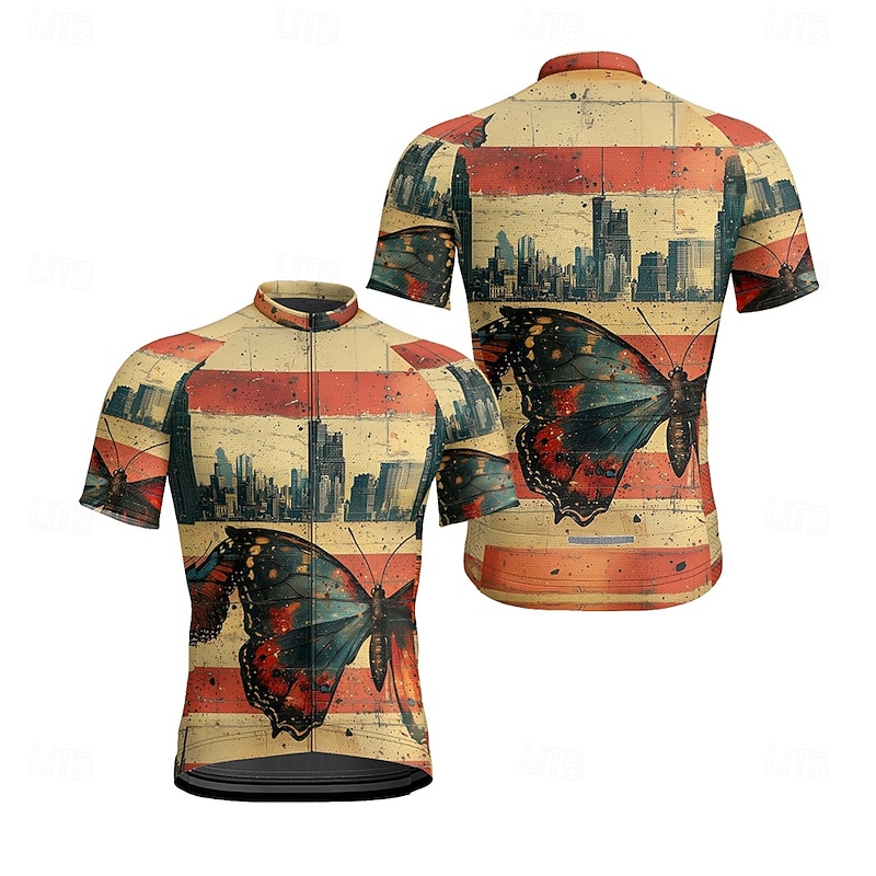 Men's Cycling Jersey Butterfly National Flag Short Sleeve Bike Tee Tshirt Jersey with 3 Rear Pockets Mountain Bike MTB Quick Dry Anatomic Design Wicking Breathable Sports Red Khaki Clothing Apparel