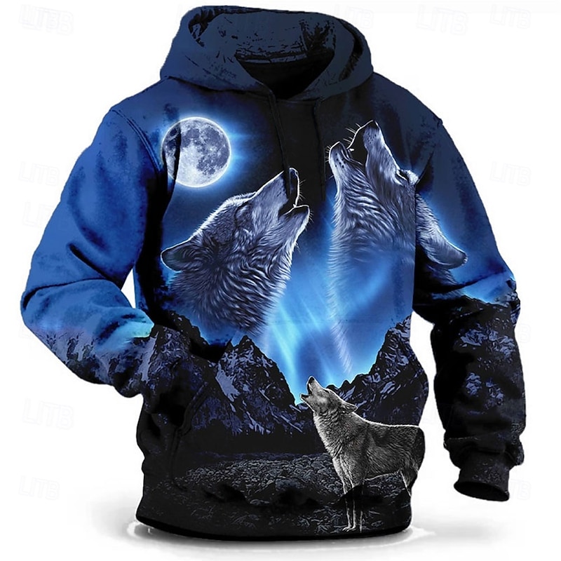 Men's Wolf 3D Print Graphic Prints Hoodie Pullover Hoodie Sweatshirt Hoodies Fashion Streetwear Long Sleeve Hooded Vacation Work Daily Wear Gray Green Black and White Pocket Spring &  Fall Designer2