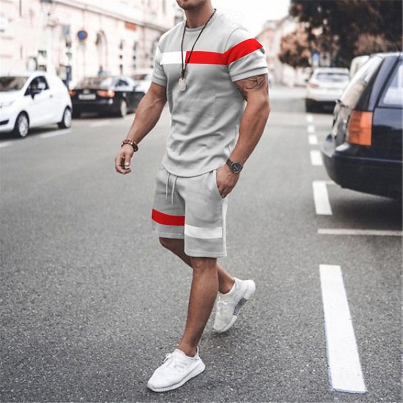 Men's T-shirt Suits 2 Pieces Outfits Tee & Shorts Short Sleeve Crewneck Summer Color Block Fashion Casual 2 Piece Vacation Daily Wear Going out Black Pink White Top Tee for Men2