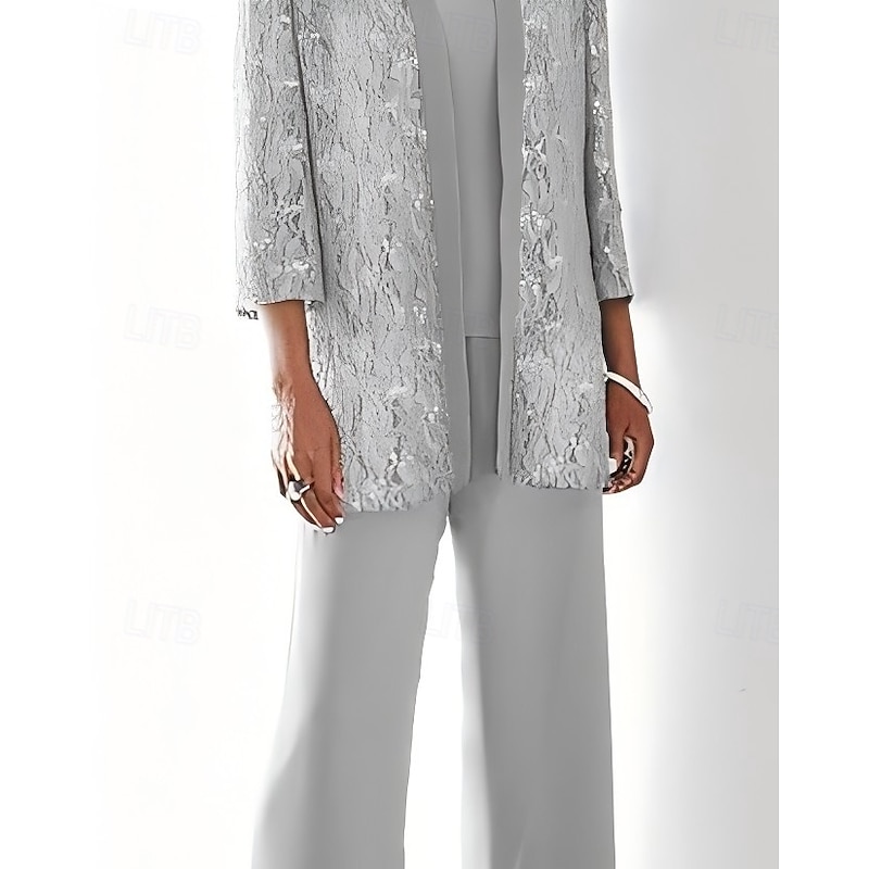 Beach Wedding 3 Piece Mother of the Bride  Wedding Guest Party Sparkle & Shine Scoop Neck Ankle Length Chiffon Lace 3/4 Length Sleeve with Sequin Solid Color3