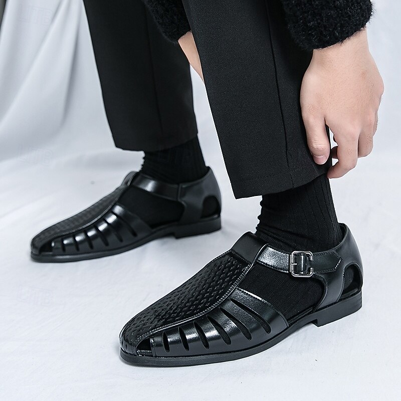 Men's Black Faux Leather T-Strap Sandals with Buckle Closure – Stylish Perforated Design for Summer, Outdoor Activities and Casual Wear3