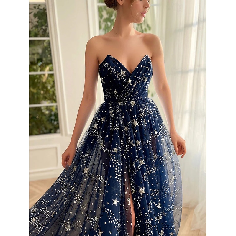A-Line Prom Dresses Sparkle & Shine Dress Wedding Guest Birthday Sweep / Brush Train Long Sleeve Strapless Tulle with Sequin Slit Masquerade Dress3