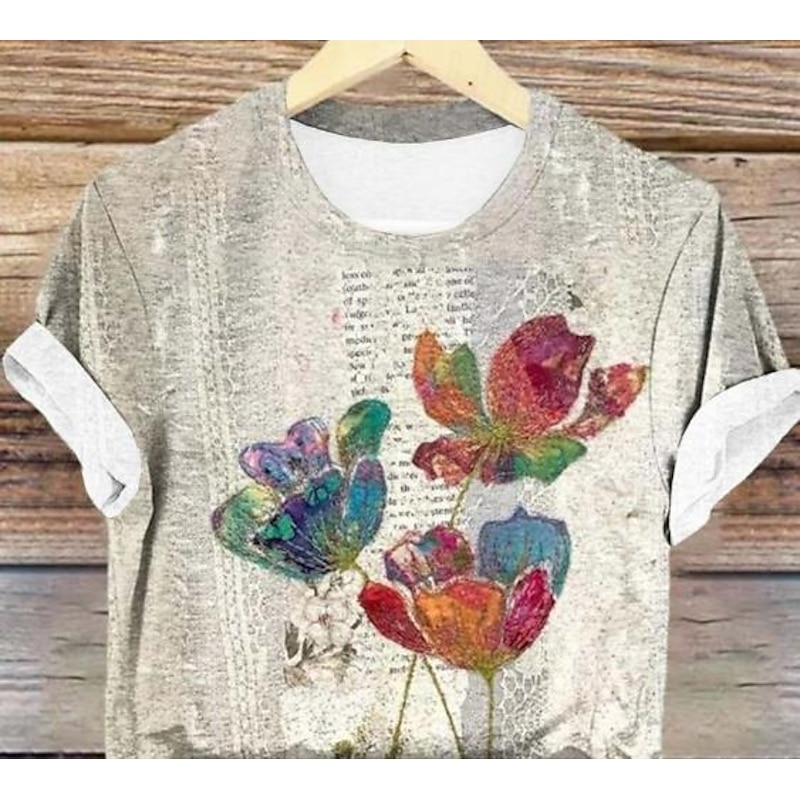 Women's T Shirt Floral Casual Short Sleeve Round Neck Regular Tops Daily Print Yellow Summer2