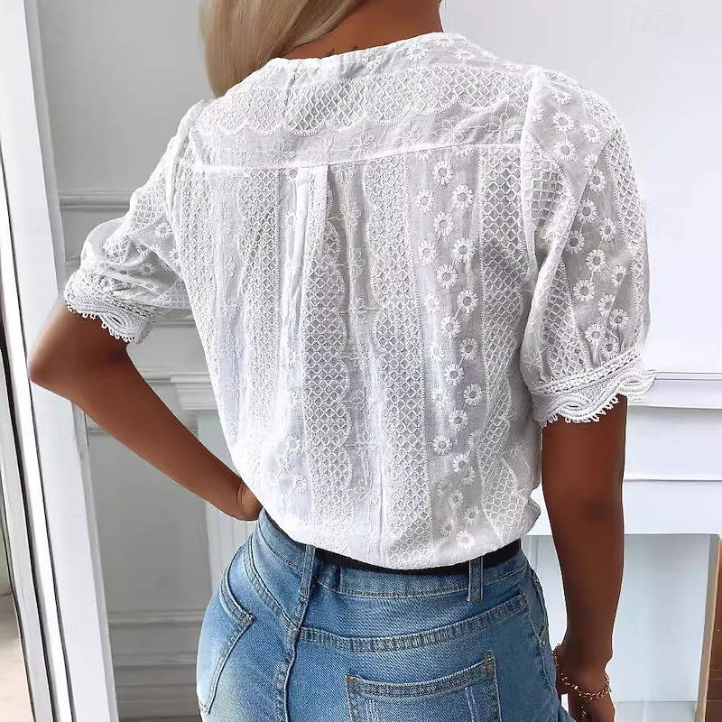 Women's Shirt Boho Shirt Blouse Solid Color Stylish Casual Short Sleeve V Neck Regular Tops Daily Lace White Summer Spring2