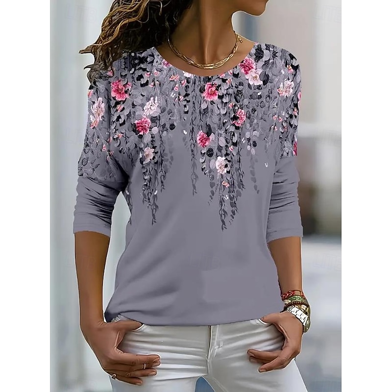 Women's T shirt Crew Neck Long Sleeve Tunic Leopard Striped Casual  Regular Tops Daily Print Light Grey Spring Fall