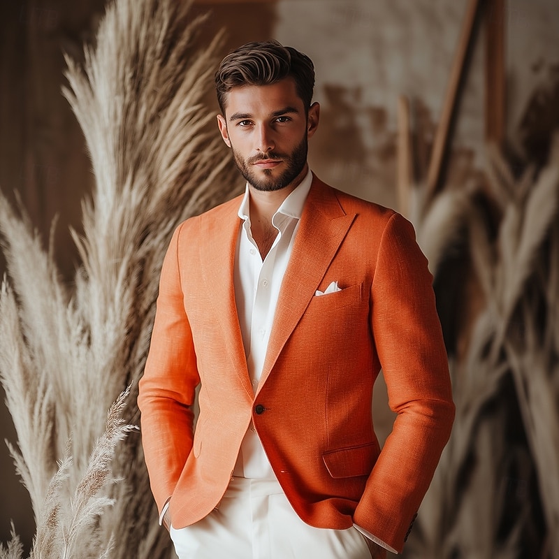 Men's Linen Blazer Sport Coat Notch Collar Fashion Casual Solid Colored Yellow Orange Beige Standard Fit Single Breasted One-button2