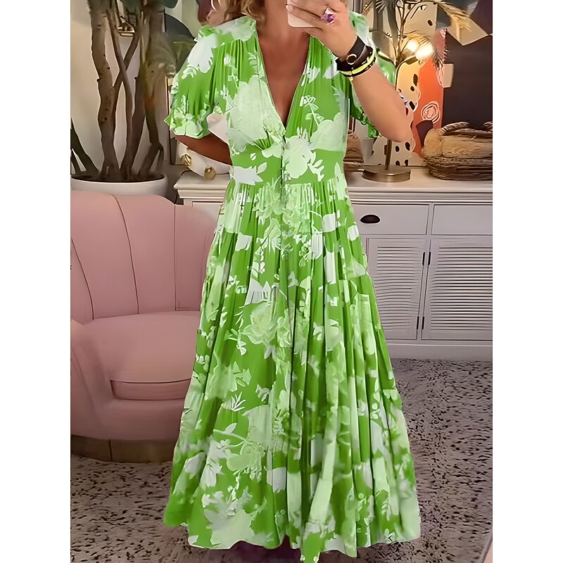 Women's Maxi Dress Corset Dress A Line Dress Summer Dress Stylish Casual Vacation Daily Regular Fit Floral Short Sleeve V Neck Red Sky Blue Green Summer2