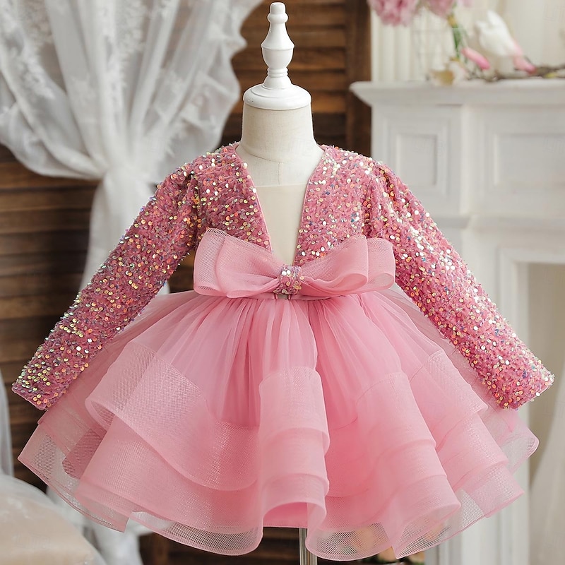 Kids Toddler Girls' Party Dress Solid Color Long Sleeve School Party Sequins Tie Knot Adorable Princess Polyester Knee-length Skater Dress Summer Spring Fall 4-12 Years 4-7 Years Pink Wine Green