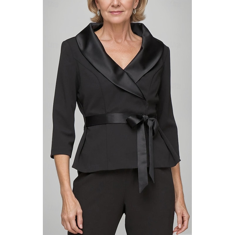 Women's Suits 2 Pieces Suits Formal Wedding Guest Satin Stretch Crepe Elegant Simple Minimalist 3/4 Sleeve Pleated Ankle Length Shawl Lapel3