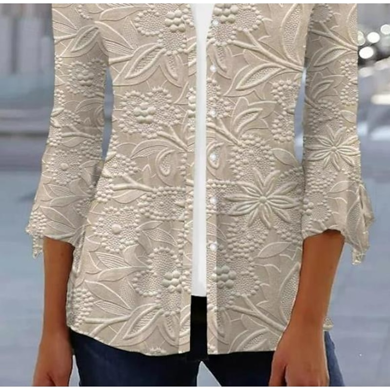 Women's Shirt 3D Print Floral Butterfly Basic 3/4 Length Sleeve Square Neck Regular Tops Daily Print Khaki Summer Spring3