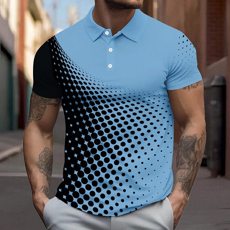 Men's Geometic Polo Short Sleeve Polo Shirts Collared Shirts Business Casual School Outdoor Athleisure Daily Wear 3D Print Summer White Sky Blue Dark Blue2