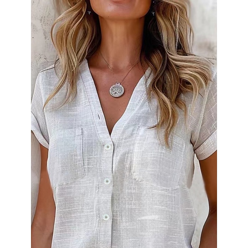 Women's Shirt Linen-Inspired Shirts Button Up Blouse Solid Color Stylish Casual Short Sleeve V Neck Regular Tops Daily Buttons Pocket Black White Pink Khaki Light Blue Summer Spring2