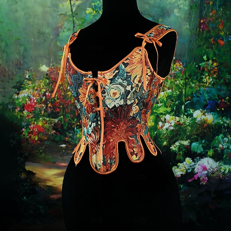 Retro Vintage Medieval Renaissance Corset Vest Bustier Lace up Floral Jacquard Fancy Dress Women's Celtic Fantasy Royal Halloween Carnival Party Casual Daily LARP Adults' Corset2