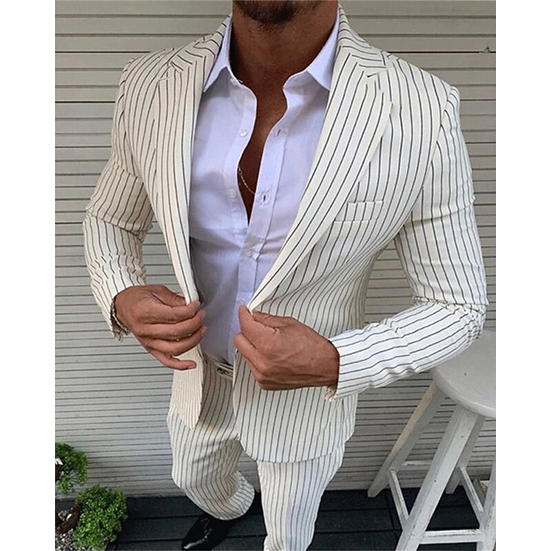 Men's Graduation Blazer Set Business Cocktail Party Wedding Party Fashion Casual Spring Fall Polyester Stripes Pocket 2 Piece Comfortable Single Breasted Blazer Black White Orange2