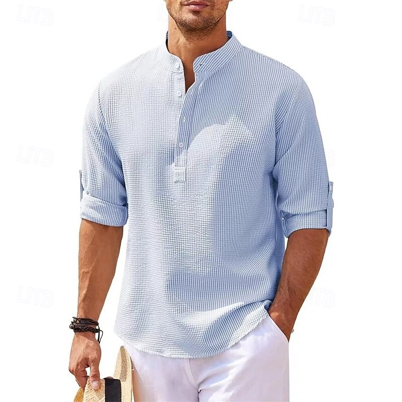 Men's Shirt Popover Shirt Summer Shirt Casual Shirt Beach Shirt Waffle Knit Shirt Black White Blue Sky Blue Army Green Long Sleeve Plain Stand Collar Vacation Hawaiian Buttons Clothing Apparel3
