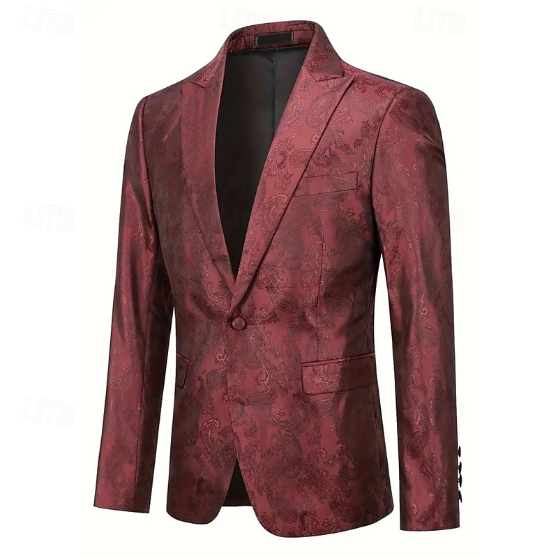 Men's Blazer Business Cocktail Party Wedding Party Fashion Casual Spring Autumn / Fall Polyester Plain Jacquard Buttons Comfortable Single Breasted Blazer Black Burgundy Blue3