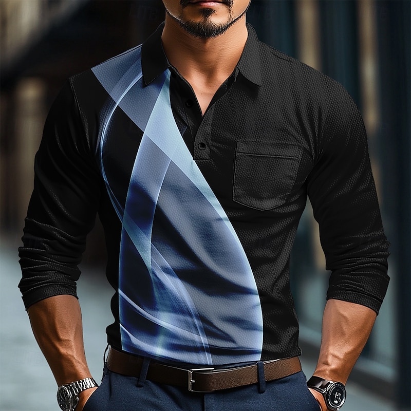 Men's Geometic Line Polo Long Sleeve Polo Shirts Collared Shirts Business Casual Business Athleisure Daily Wear Buttons 3D Print Spring Fall Winter Lake blue White Blue2