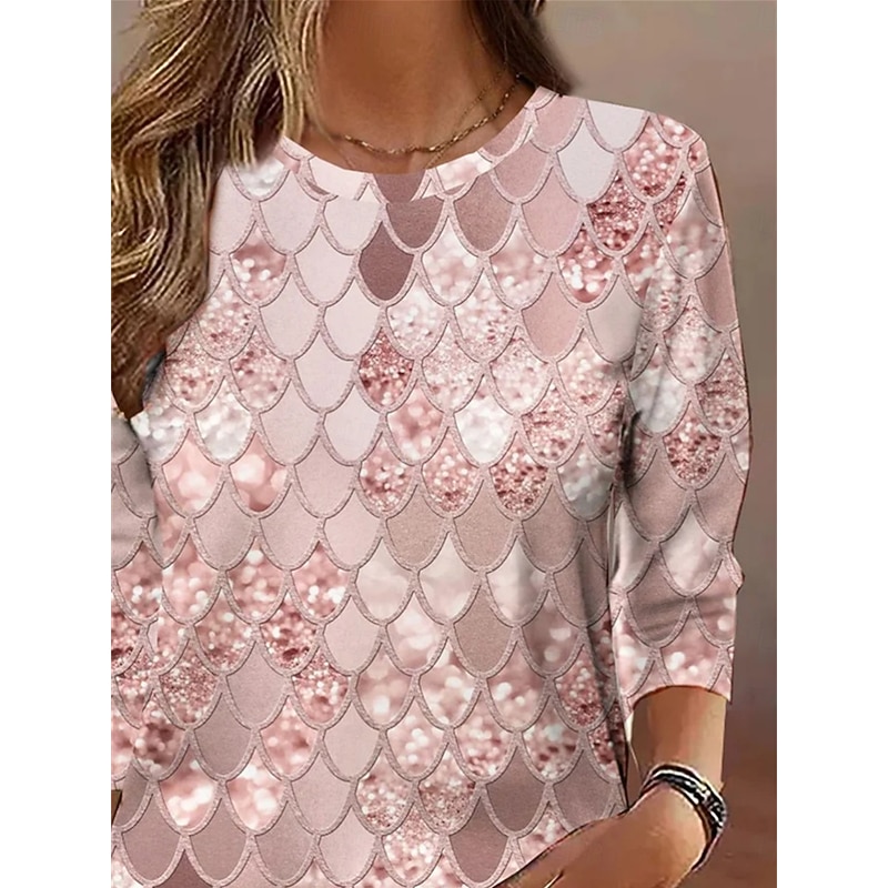 Women's T shirt Crew Neck Long Sleeve Tunic Geometric Casual  Regular Tops Daily Print Pink Spring Fall2